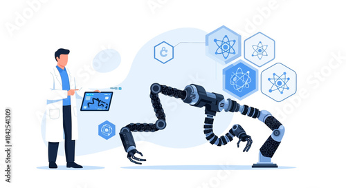 Scientist controlling robotic arm in innovative research lab creating advanced technology
