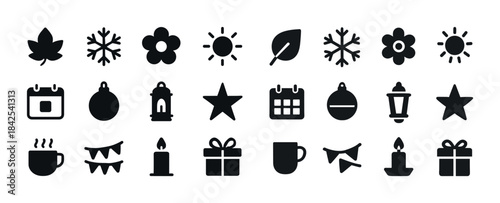 Seasonal icons set: leaves, snowflakes, flowers, suns, calendars