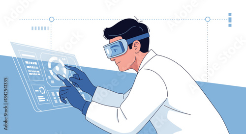 Scientist engaging with immersive reality and advanced scientific research display device