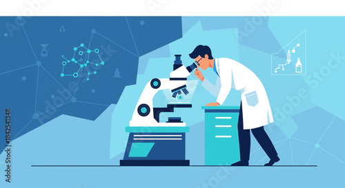 Scientist examining sample through microscope,vector illustration portraying medical researcher in