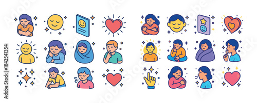 Collection of cartoon emoji characters expressing emotions with