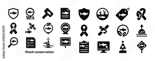 Shark conservation icons set featuring awareness and protection