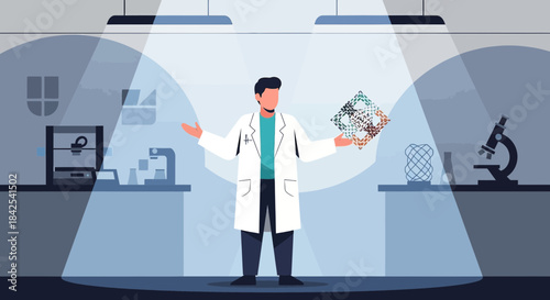 Scientist presenting advanced material engineering research in a modern laboratory setting