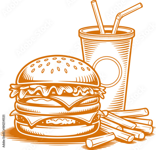 Double-Decker Hamburger with Fries and Drink Illustration