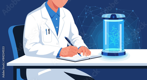 Scientist recording data with advanced molecule research containment unit concept
