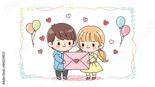 A Heartfelt Exchange: A charming illustration depicts two young figures, a boy and a girl, exchanging a loving note. Surrounded by floating balloons and hearts.
