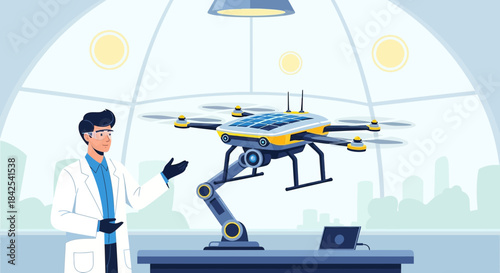 Scientist with Innovative Solar Drone Technology and Robotic Arm in the Lab for Future Research
