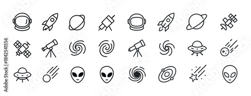 Simple space icons collection featuring rockets, planets, telesc