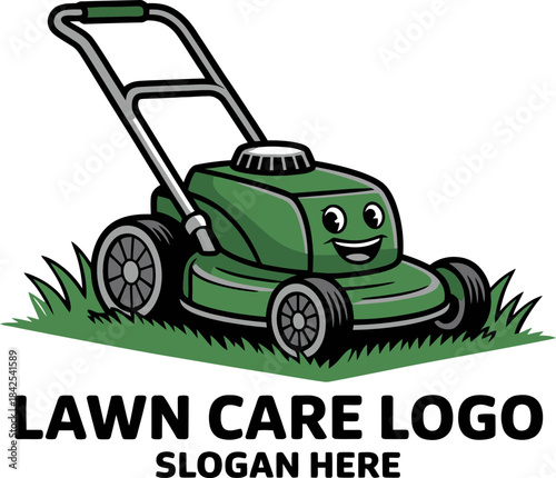 Cartoon lawn mower logo with smiling face for lawn care services branding