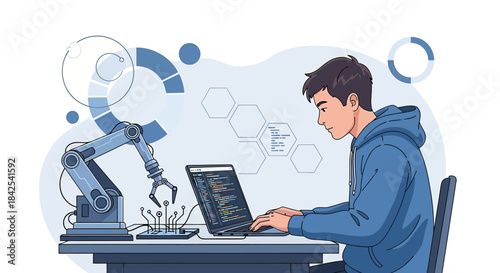Software engineer developing code for robotics automation interface with augmented reality