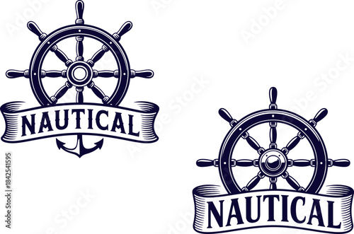Nautical Ship Wheel Logos with Banner and Anchor Illustrations