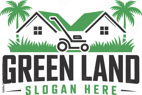 Green Land Logo with Lawn Mower and Houses