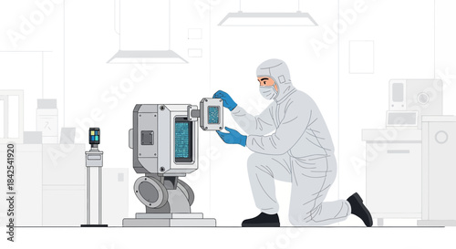 Technician in Cleanroom Suit Inspecting Semiconductor Manufacturing Equipment with Precision