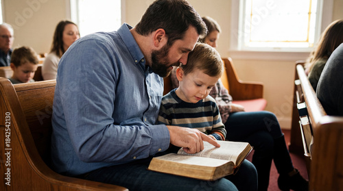 Loving father reading the Bible to his young son during a church service. Christian faith concept symbolizing family values, teaching and spiritual parenting.