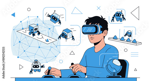 Virtual reality robotics simulations, futuristic training program and interactive gaming