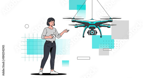 Woman piloting drone with remote control, showcasing aerial technology and modern hobbies