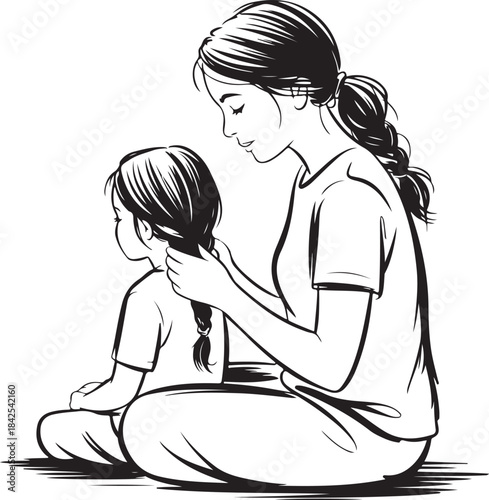 Mother gently braiding daughter's hair while sitting on floor