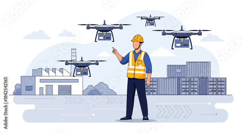 Worker overseeing automated drone delivery operations at a modern industrial facility using ai