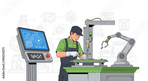 Worker overseeing precision manufacturing process with robotic arm technology in facility