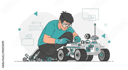 Young engineer carefully assembling a complex planetary rover model for a science project