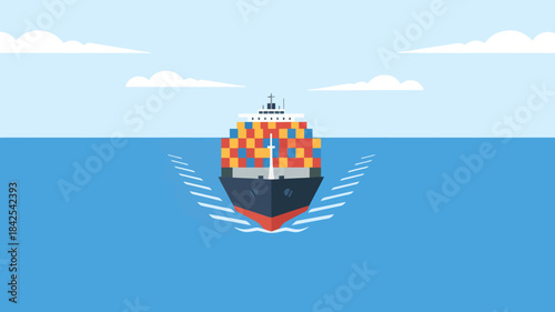 Flat illustration of a cargo ship sailing on calm blue waters under a light blue sky with white clouds.