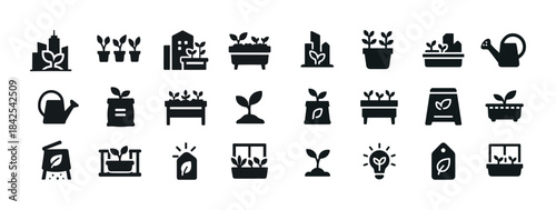 Urban gardening icons: plants, pots, watering cans, cityscape, s