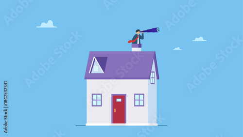 Businessman investor with telescope climb up house chimney to see vision. Real estate and housing investment opportunity, property growth forecast or vision, future mortgage or Reit profit.