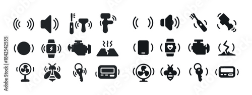Black icons set of audio, vibration, sound, and device technolog