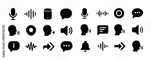 Black communication icons set: speech, audio, voice, and notific