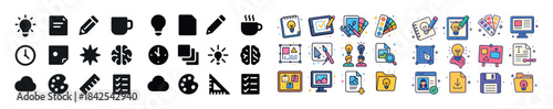 Colorful and monochrome office icons: creativity and productivit