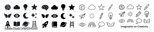 Imagination and creativity icons: stars, clouds, light bulbs, ey