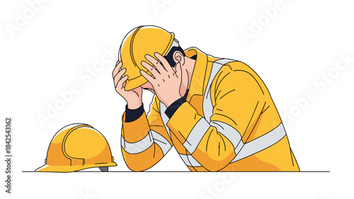 A stressed construction worker in a yellow safety vest and hard hat with hands on face feeling frustrated or overwhelmed