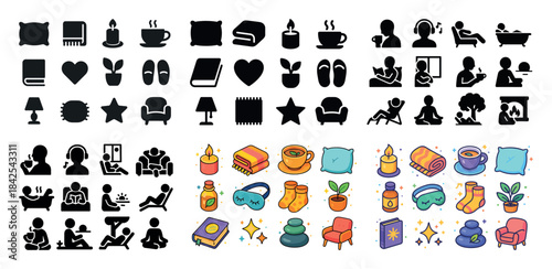 Cozy relaxation icons: pillows, candles, books, tea, bath, yoga,