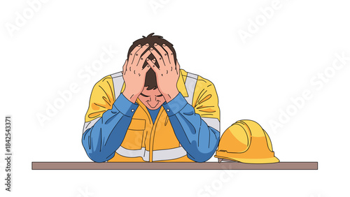 A stressed construction worker with hands on face sitting at a table with a hard hat next to him