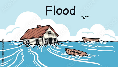 Vibrant illustration depicting a residential house partially submerged in high floodwaters, a clear representation of a natural disaster and its environmental impact