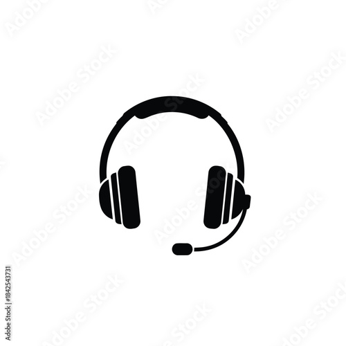 Simple black silhouette icon of a communication headset with microphone for call center