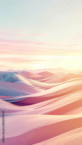 Surreal Pixelated Desert Landscape at Sunrise with Soft Pastel Hues and Hazy Distant Mountains