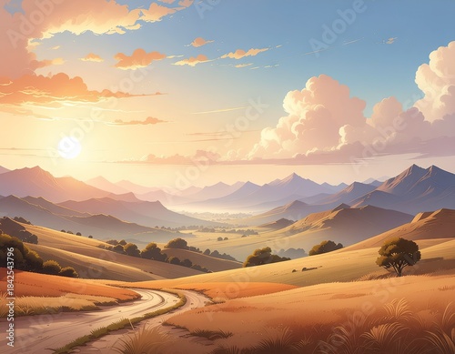 Pixel Art Sunrise Over Rolling Hills and Distant Mountains in Warm Golden Light with Wispy Clouds