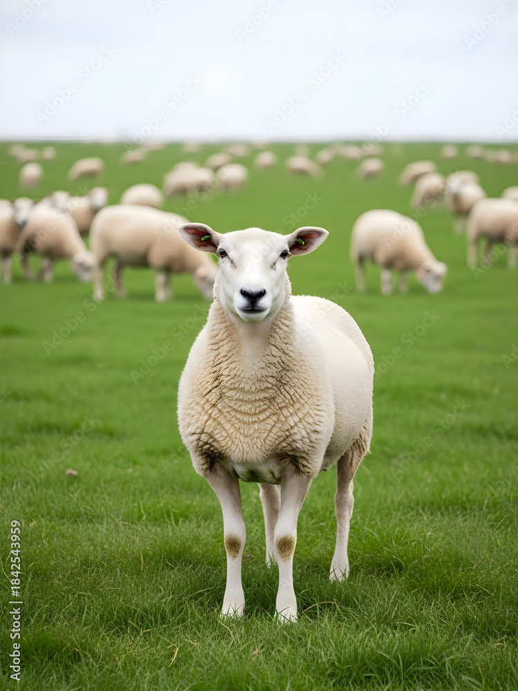 Obraz premium [Generative AI] 초원 한가운데 서 있는 양과 배경의 양떼