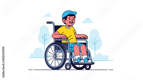 A young boy sitting in a wheelchair with a happy expression on his face in a colorful illustration