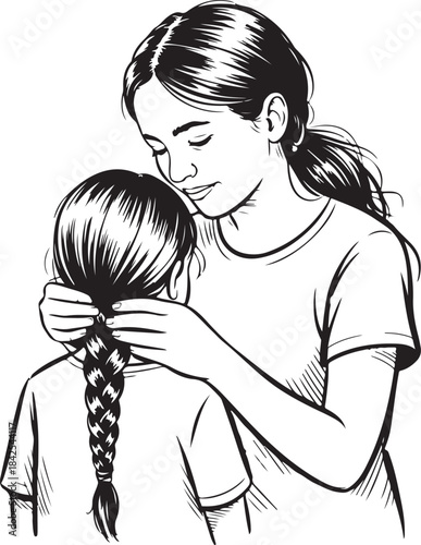 Mother tenderly braiding daughter's hair