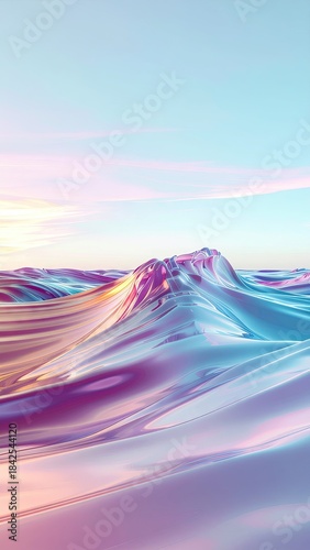 Surreal Landscape With Iridescent Mountains And A Soft Pastel Sky At Sunrise With Subtle Lighting Effects