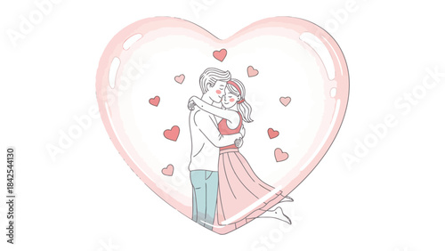 Love's Embrace: A tender illustration depicts a couple locked in a loving embrace, framed by a heart and surrounded by floating symbols of affection. 