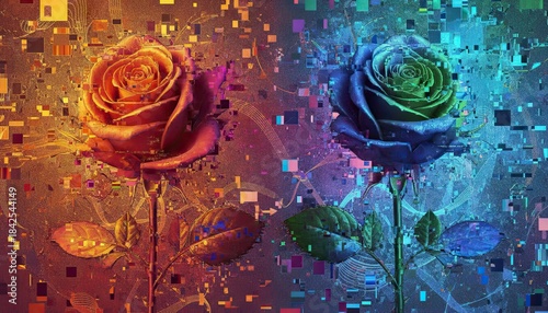 Two Roses One Orange And One Blue Glow With Digital Glitch Effect In The Background