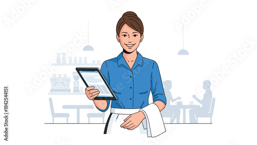 Smiling woman holding a tablet and a menu in a restaurant setting with a blue shirt on