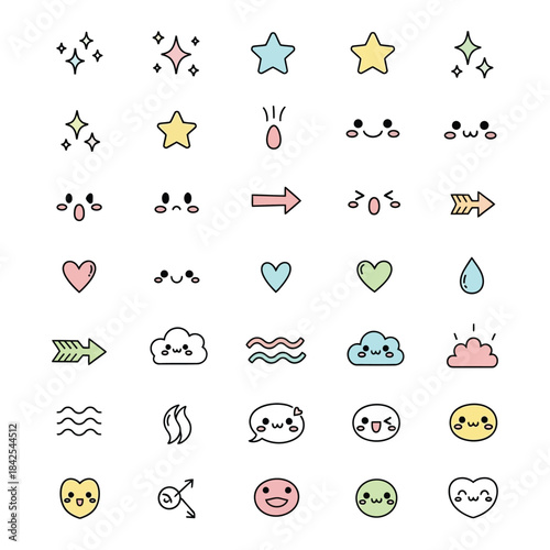 Collection of cute hand drawn kawaii style icons and symbols
