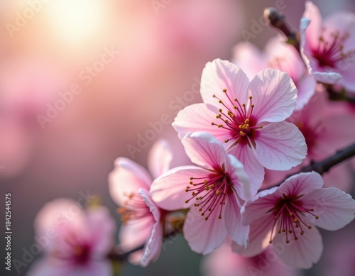 Delicate pink cherry blossoms bloom gracefully, illuminated by soft sunlight, creating a serene and enchanting atmosphere.