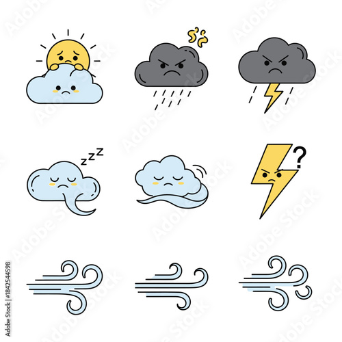 Cute kawaii weather icons with expressive faces