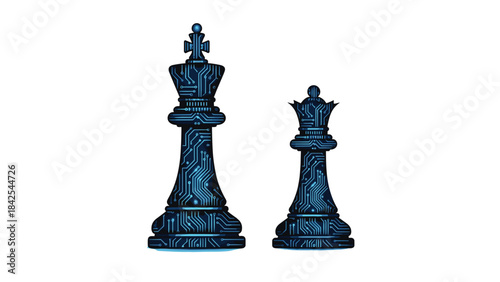 A blue colored king and queen chess pieces standing side by side on a white surface with intricate designs