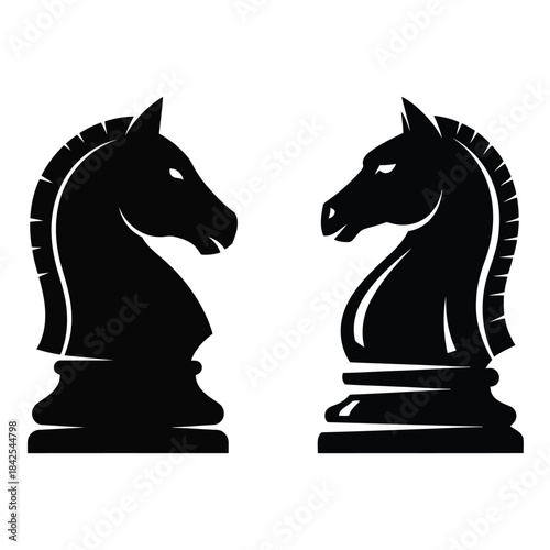 Black and white vector illustration of two chess knights facing each other
